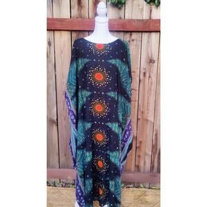 Boho Batik Kaftan Kimona Maxi Dress Peacock & Sun Mandala Print One Size